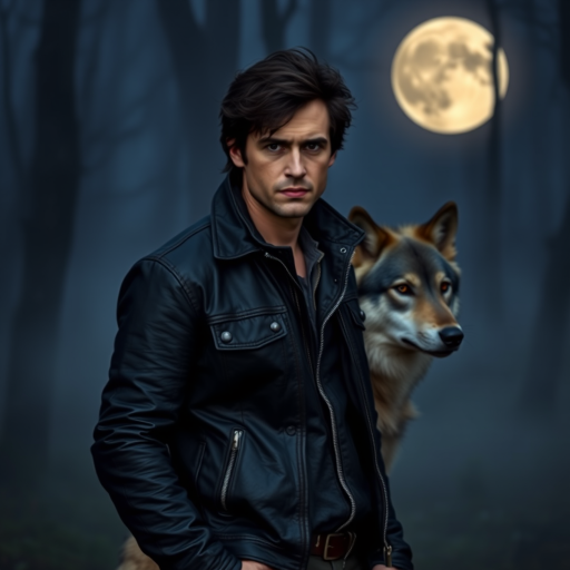 Create an image of a man with tousled dark hair wearing a leather jacket standing confidently with a large wolf beside him in a misty forest setting at night, featuring a full moon in the background; use a DSLR camera with a 50mm lens, aperture set to f/1.8, ISO 200, and a shallow depth of field for a dramatic effect.