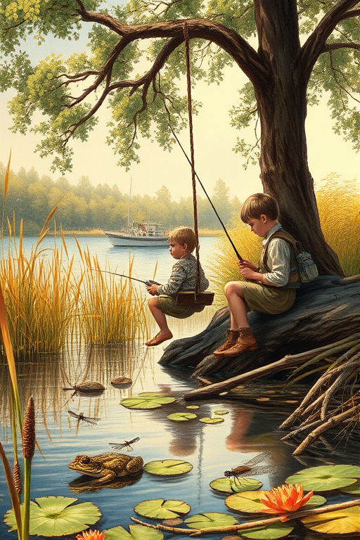 Imagine a small group of old fashioned young boys out fishing by the creek, a swing hanging from a tree branch, reeds and grasses by the water's edge, a frog sitting on a lily pad, dragonflies hovering over som water plans, a very iconic old fashioned scene reminiscent of a Norman Rockwell painting style