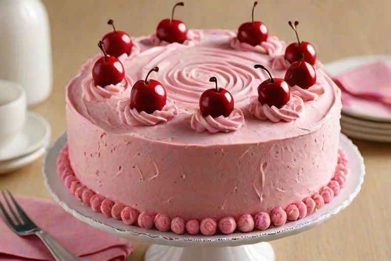 Create an image of a round cake with a smooth pink frosting. The top of the cake is decorated with swirls of pink frosting and topped with red cherries. The sides of the cake are coated with mini chocolate chips, adding a contrast to the pink frosting. The background is simple and elegant to highlight the cake's design.
