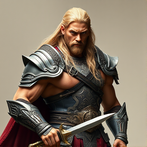 Create a highly detailed image of a muscular warrior with long blonde hair, wearing ornate armor and holding a weapon, set against a neutral background, utilizing a DSLR camera, aperture f/1.8, ISO 100, 85mm lens, and a shallow depth of field for enhanced focus and clarity.