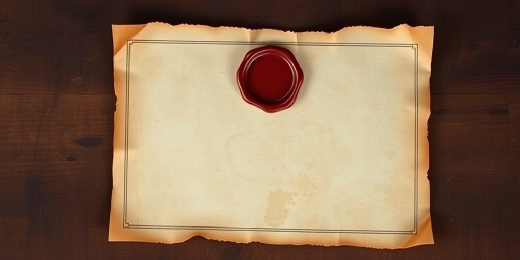 create an aged parchment certificate with a wax seal, use a Canon EOS R5 camera, 35mm lens, f/2.8 aperture, ISO 100, shot from a top-down view, natural lighting to enhance texture and detail