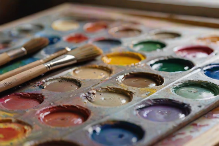 Close-up of an artist’s palette, soft natural light illuminating the vibrant colors of mixed paints, with paintbrushes resting nearby and a canvas softly blurred in the background.