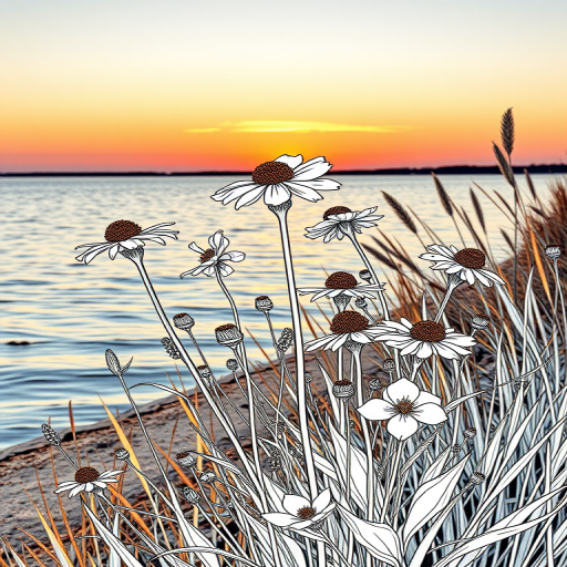 Create a detailed illustration of a cluster of wildflowers by a serene water edge at sunset with high contrast line art, using a DSLR camera with a 50mm lens, aperture set to f/2.8, ISO 200, and a shutter speed of 1/200s for enhanced depth and clarity.