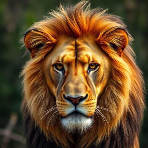 create a close-up portrait of a lion with a majestic mane and intense gaze, set against a blurred natural background