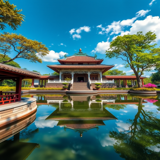 Capture a high-resolution image of a traditional Asian temple with stunning architecture reflected in a serene pond, surrounded by lush greenery and blue skies, using a DSLR camera with a 24mm lens, ISO 100, aperture f/8, and a shutter speed of 1/200s for a vibrant daytime shot.