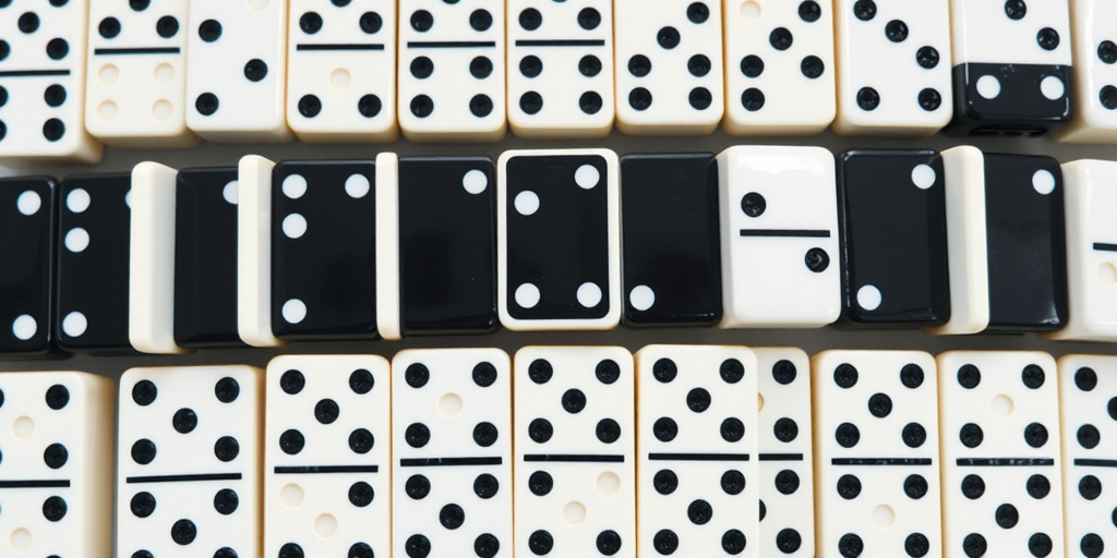 Create an abstract image of a series of black and white dominoes arranged in a creative pattern, using a DSLR camera with a 50mm lens, aperture f/1.8, ISO 100, shot from a top-down view in daylight to enhance clarity and contrast.