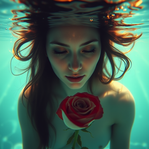 A woman underwater, gazing at a rose Her face is reflected in the water's surface The scene is illuminated by sunlight filtering through the water The atmosphere is serene and contemplative