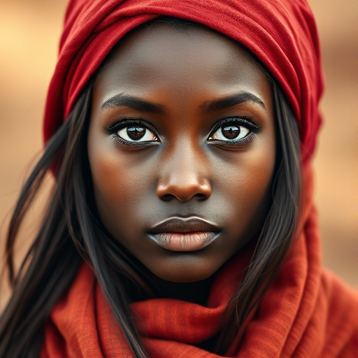 Create a portrait of a young Zulu woman with long, dark hair and captivating hazel eyes. She is wearing a red headscarf and a matching scarf draped gracefully around her neck. The background is softly blurred, focusing attention on her serene and natural expression. The overall color palette is muted and warm, enhancing the intimate and authentic feel of the portrait.