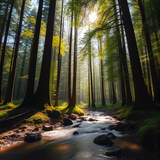 Create an image of a tranquil forest scene with tall trees, soft sunlight filtering through leaves, a gentle stream flowing in the foreground, captured with a DSLR camera at f/2.8, ISO 200, 50mm lens, in natural light, using a wide-angle view for depth.
