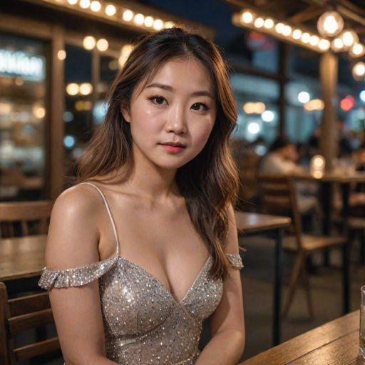 photo of woman:Bobby Lee:0.4, highlight hair, sitting outside restaurant, wearing dress, rim lighting, studio lighting, looking at the camera, dslr, ultra quality, sharp focus, tack sharp, dof, film grain, Fujifilm XT3, crystal clear, 8K UHD, highly detailed glossy eyes, high detailed skin, skin pores