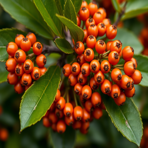 photo of clusters of bright orange berries on green leaves, macro shot, f/2.8 aperture, 50mm lens, ISO 100, natural light, DSLR camera
