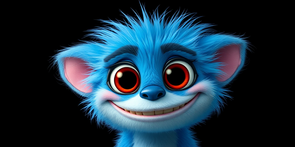 Generate a vibrant cartoon creature with a fluffy blue fur texture, large round eyes, a wide mischievous grin, against a solid black background; use a DSLR camera, 50mm lens, aperture f/2.8, ISO 100, and natural lighting to enhance the color contrast and detail.