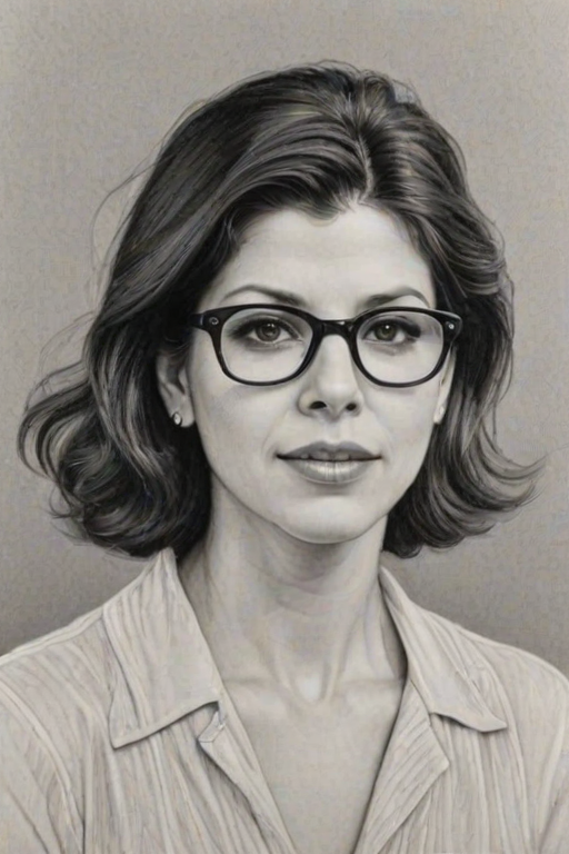 Superb Marisa Tomei, pencil sketch, portrait of Lovely woman 1925s in glasses, hair style beatnik, outline, clear lines, fine lines, 8k