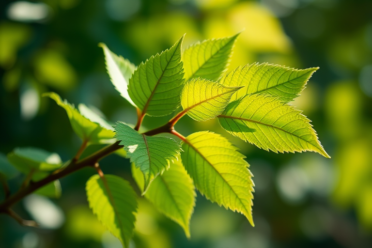 generate an image of a leafy branch with vibrant green leaves, macro shot, f/2.8 aperture, 50mm lens, natural soft lighting, DSLR camera, high-resolution detail