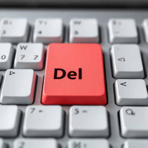 Create a high-resolution digital illustration of a computer keyboard with a focus on the red "Del" key, using a macro lens at f/2.8, ISO 100, 1/125 sec, top-down view, in a modern flat design style to enhance clarity and detail.