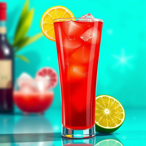 Create a high-resolution illustration of a refreshing red cocktail in a tall glass with a lemon slice on the rim and a lime half beside it, set against a vibrant turquoise background with soft blurred elements, using a digital art style that mimics a DSLR camera shot at f/2.8 aperture, 1/60 shutter speed, and ISO 100 for rich colors and depth of field.