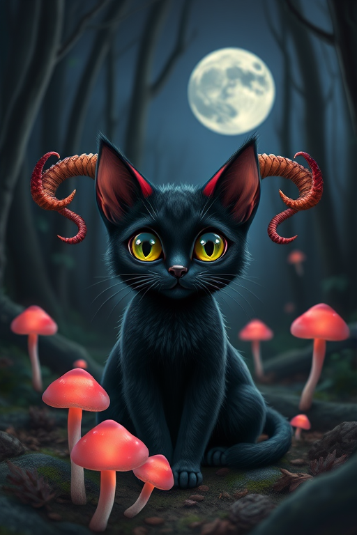 A whimsical black cat with large expressive eyes and curled horns sitting in a mystical forest at night, surrounded by glowing pink mushrooms, with a full moon in the background, captured with a DSLR camera at f/1.8 aperture, 50mm lens, ISO 100, 1/100 sec exposure, in a portrait view with vibrant colors and high contrast.