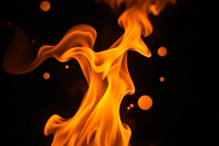 Create an abstract image of swirling flames and glowing orbs in vibrant orange and yellow colors against a dark background, with a Canon EOS 5D Mark IV, f/8 aperture, ISO 100, 24mm lens, shot from a low angle for dramatic effect.