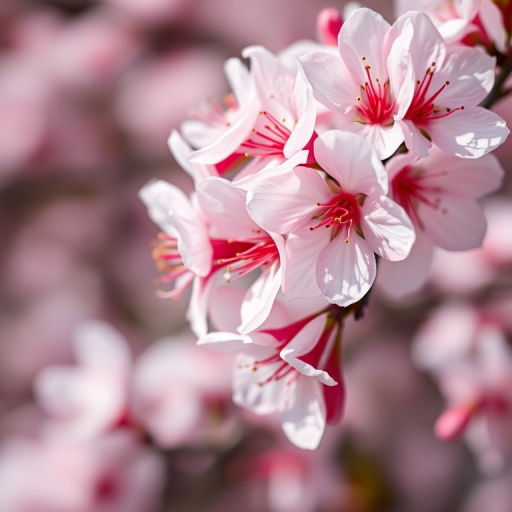Close-up shot of blooming cherry blossoms with soft focus, f/2.8 aperture, 50mm lens, ISO 100, natural light, DSLR camera, shallow depth of field, macro style photography.