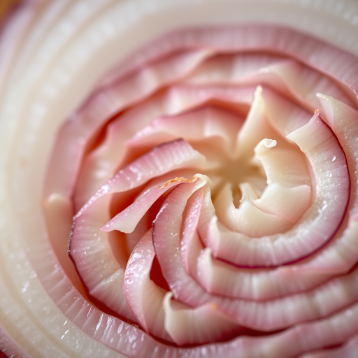 close-up macro shot of a sliced onion showing intricate layers and colors, using a DSLR camera with a 105mm macro lens, aperture set to f/2.8 for shallow depth of field, ISO 100 for high clarity, natural lighting to enhance colors