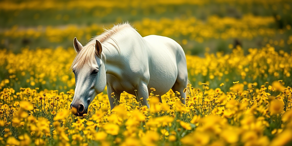 regenerate an image of a white horse grazing in a vibrant field of yellow wildflowers with a shallow depth of field, focal length 50mm, aperture f/2.8, ISO 200, natural lighting, taken with a DSLR camera from a low angle perspective