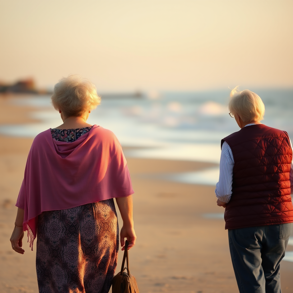 two elderly women walking along the beach with their backs turned, one wearing a pink shawl and patterned dress, the other in a burgundy vest, soft focus, natural light, 50mm lens, f/2.8, ISO 200, capture at golden hour for warm tones