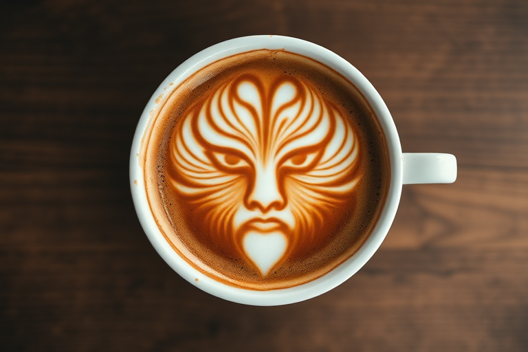 Create an image of a cup of coffee with an intricate design resembling a face on the surface, captured from a top-down view, using a DSLR camera with an aperture of f/2.8, shutter speed of 1/100 sec, ISO 100, and natural lighting to enhance details and clarity.