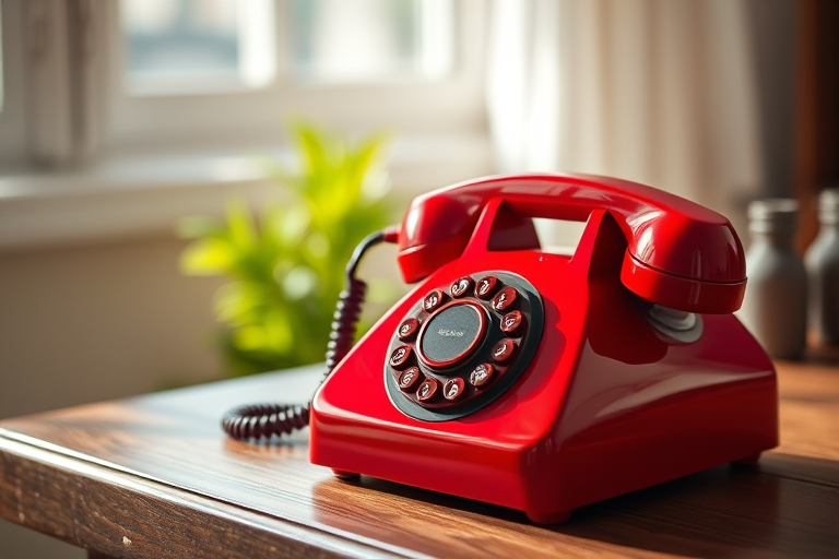 vintage red rotary telephone on a wooden table, soft natural lighting, shallow depth of field, ISO 200, f/2.8, 50mm lens, DSLR camera, capture in high resolution