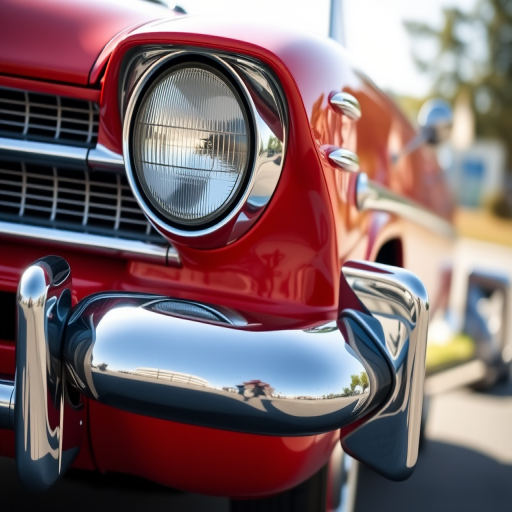 Capture a vintage red car with polished chrome details, shot at a 45-degree angle in natural lighting, using a DSLR camera, aperture f/8, ISO 200, and a focal length of 35mm, ensuring a shallow depth of field to emphasize the car while softly blurring the background.