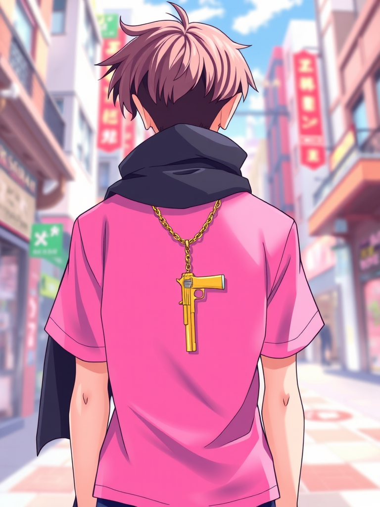 Create a high-resolution illustration of a character wearing a pink shirt and a black scarf, standing with their back to the viewer, wearing a stylish gold chain with a pendant shaped like a gun, in a vibrant urban setting, captured with a DSLR camera at f/1.8 aperture, ISO 100, and a shutter speed of 1/200 sec, using a wide-angle lens for a dramatic perspective.