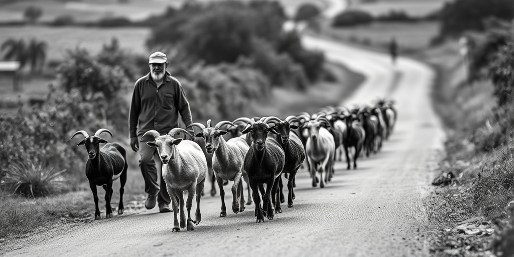 Create a high-contrast black and white image of a man herding goats along a rural road, with soft focus on the background, using a DSLR camera, 50mm lens, f/2.8 aperture, ISO 200, shutter speed 1/500 sec, capturing the moment from a low-angle perspective to emphasize the herd.