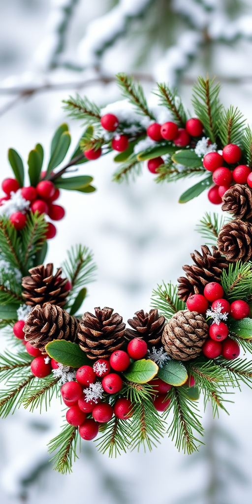 Create a high-resolution image of a circular wreath made of pinecones, green leaves, and red berries, with a snowy background, using a Canon EOS R5 with a 85mm f/1.2 lens at aperture f/2.8, ISO 100, and a shallow depth of field for a soft focus effect.