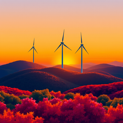 Create a vibrant digital illustration of three wind turbines on a colorful landscape featuring rolling hills with foliage, using a soft gradient sunset background; camera settings: aperture f/8, ISO 100, shutter speed 1/200s; camera view: wide angle; camera style: digital painting; camera type: mirrorless.