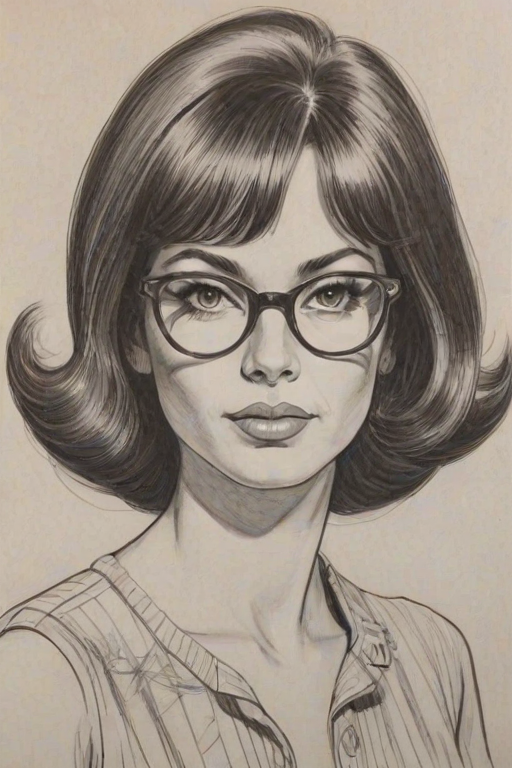 Bewitching Den'e Benton, pencil sketch, portrait of Pleasing woman 1960s in glasses, hair style beatnik, outline, clear lines, fine lines, 8k