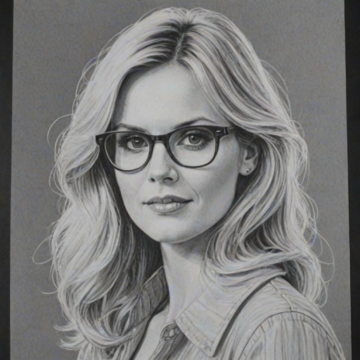 Enchanting Bonnie Somerville, pencil sketch, portrait of Bewitching woman 1977s in glasses, hair style beatnik, outline, clear lines, fine lines, 8k