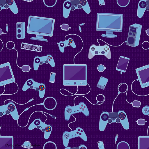 Create a seamless pattern design featuring gaming consoles, computers, smartphones, game controllers, and cables on a dark purple background with binary code, captured with a DSLR camera at f/8 aperture, 50mm lens, high saturation, and sharp focus.