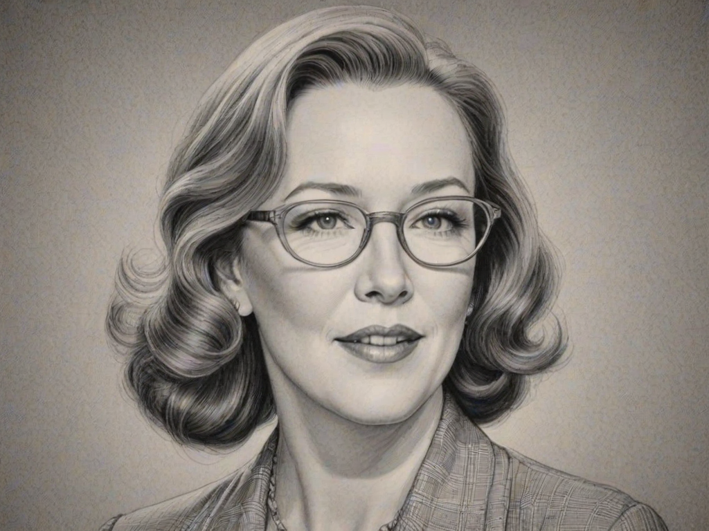 Graceful Catherine O'Hara, pencil sketch, portrait of Pleasing woman 1947s in glasses, hair style beatnik, outline, clear lines, fine lines, 8k