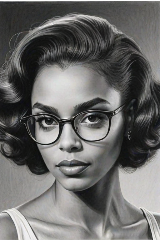 Exquisite Marsha Thomason, pencil sketch, portrait of Splendid woman 1950s in glasses, hair style beatnik, outline, clear lines, fine lines, 8k