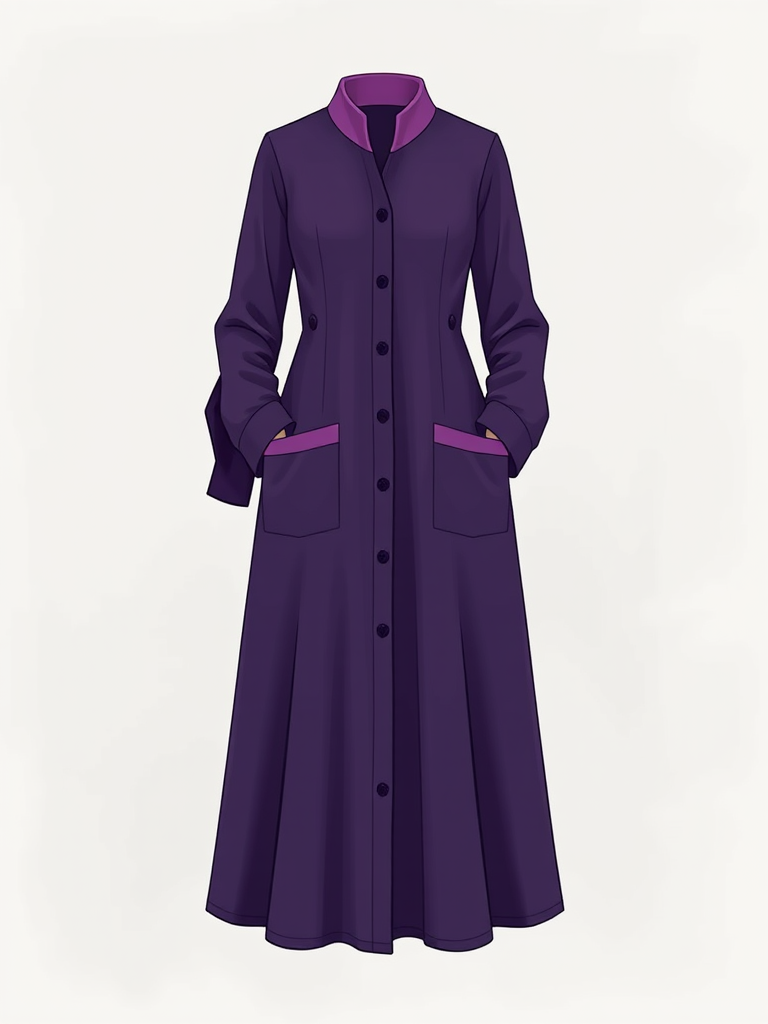 Create a detailed illustration of a long dress with a purple long-sleeve design, featuring a dark purple body, a contrasting light purple collar and pockets, centered in the frame with a soft focus background, using a DSLR camera with an aperture of f/2.8, shutter speed of 1/100s, ISO 100, and a focal length of 50mm.