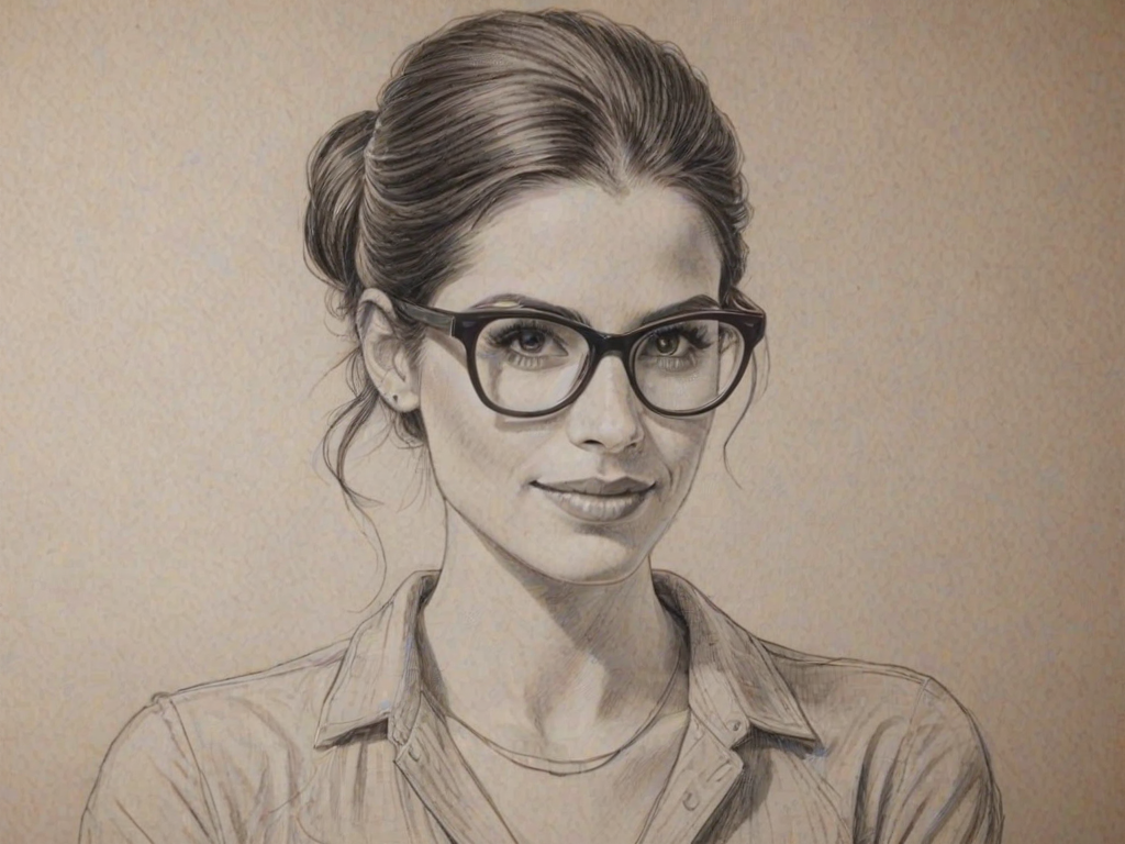 Exquisite Meghan Ory, pencil sketch, portrait of Charming woman 1946s in glasses, hair style beatnik, outline, clear lines, fine lines, 8k