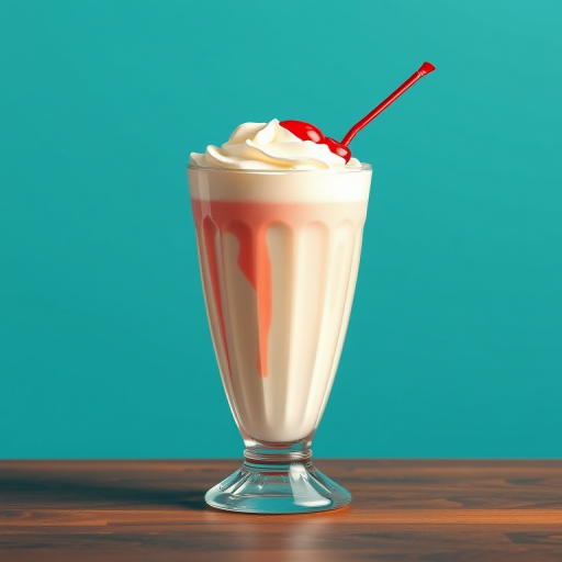 Regenerate a vintage-style illustration of a milkshake in a tall glass with whipped cream and a cherry on top, using a DSLR camera with a 50mm lens, aperture set to f/2.8 for shallow depth of field, ISO 100, and natural soft lighting.