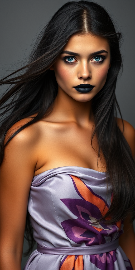 Photographic image of a beautiful young Native American woman, blue eyes, lips with black lipstick, long hair fluttering in the wind and wearing a silk strapless dress with a soft purple and orange print. monochrome image with only color highlights in the iris of the eyes, lipstick and dress. Gray background.