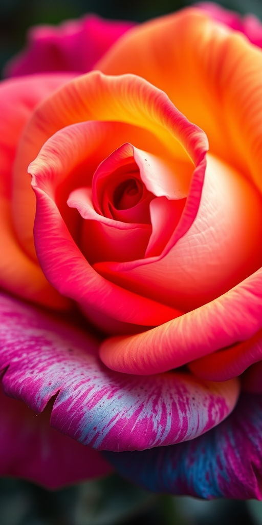 A vibrant, multicolored rose with intricate details, photographed in high resolution using a DSLR camera, aperture f/2.8, ISO 100, 50mm lens, with a shallow depth of field to enhance the colors and textures.