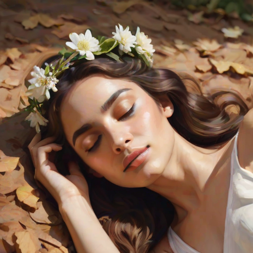 create a watercolor painting of an ethereal portrait of beautiful Sephardic woman with a simple white flower crown on her head. Her hair is long and she is lying on the ground. The sunlight on the trees casts shadows from the leaves on her face and body. The background is a neutral brown color that matches her skin tone. The image is minimalist and solid colors. This style is characterized by soft, delicate brushstrokes and a light, airy, contrasting color palette. High level of detail and play of light