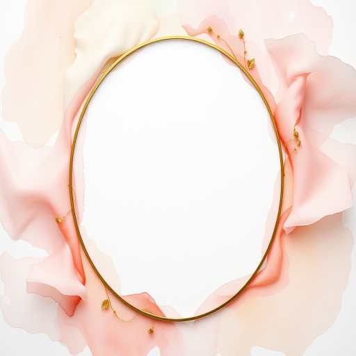 Create a high-resolution digital art image of an empty circular frame surrounded by soft, flowing pastel watercolors, with delicate gold leaf designs, taken with a DSLR camera set to f/2.8 aperture, ISO 100, 50mm lens, in a top-down view for an elegant composition.