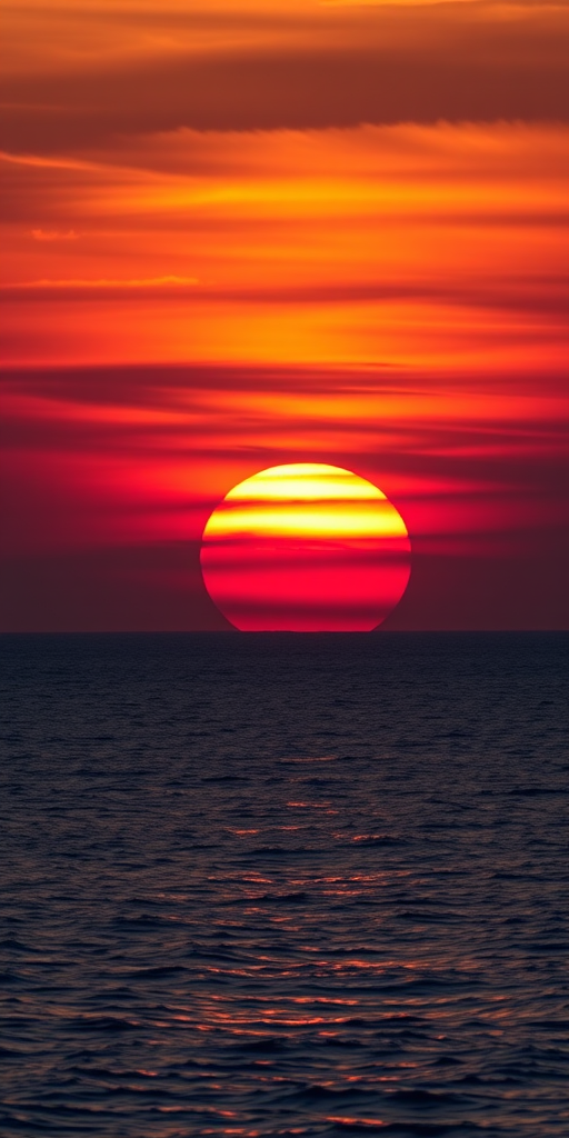 Generate a detailed image of a vibrant sunset over a calm ocean, with reflections of orange and purple hues, captured with a Canon EOS R5 camera, using a 24-70mm f/2.8 lens, aperture set to f/8, ISO 100, shutter speed 1/60s, in landscape orientation for enhanced clarity and depth.