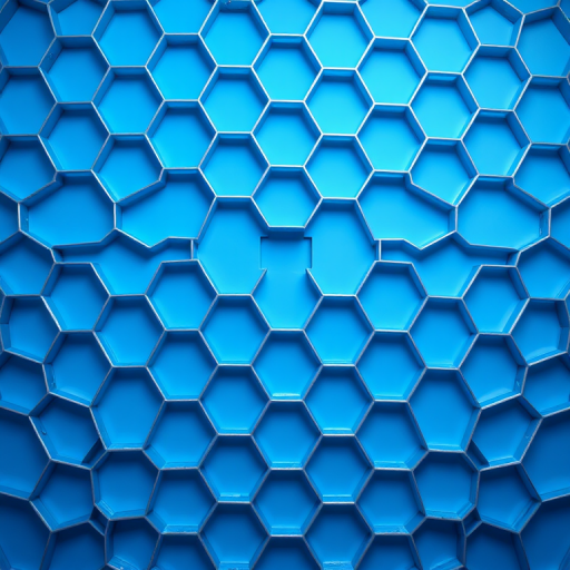 Create a high-resolution image of a hexagonal pattern with a gradient blue background, using a DSLR camera with a 50mm lens, f/8 aperture, ISO 100, 1/200 sec shutter speed, viewed from a slightly elevated angle to enhance depth and texture.