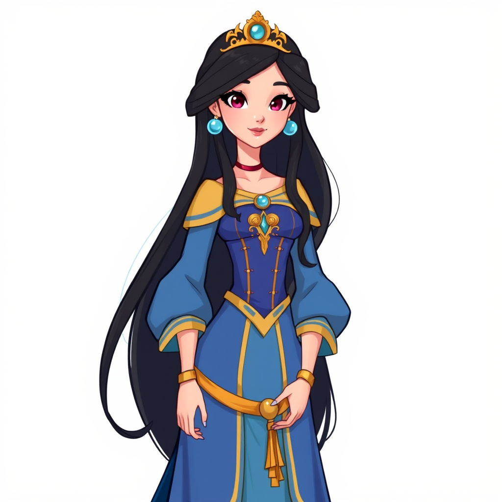 Create an illustration of an animated princess with long dark hair, wearing a detailed flowing blue outfit and gold accessories. She stands confidently, exuding charm and grace.