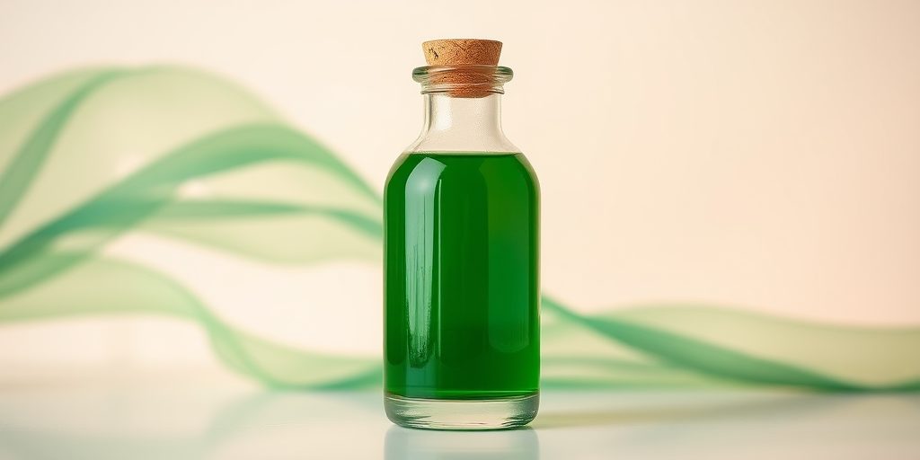A glass bottle filled with green liquid, corked, against a soft pastel background with flowing green waves, shallow depth of field, 50mm lens, f/2.8, 1/50s exposure, ISO 100, natural light.