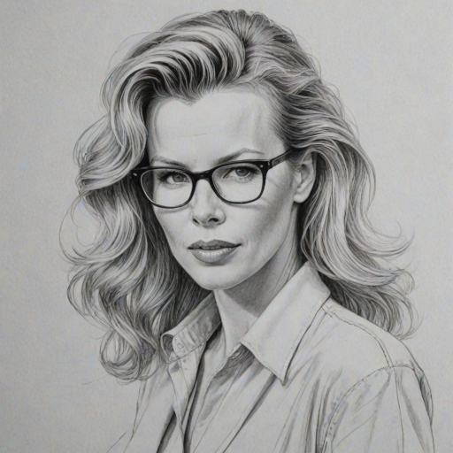 Exquisite Kim Basinger, pencil sketch, portrait of Magnificent woman 1951s in glasses, hair style beatnik, outline, clear lines, fine lines, 8k